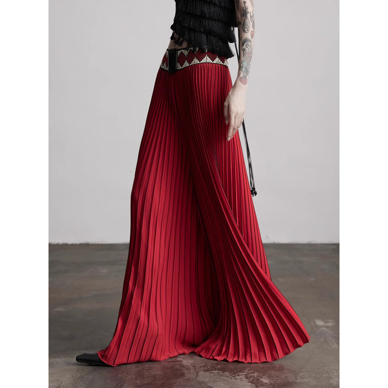 Ethnic Red Pleated Wide Pants