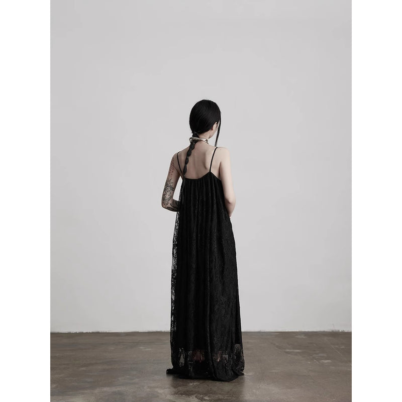 Dark Night Flower Embroidered Lace Camisole Dress