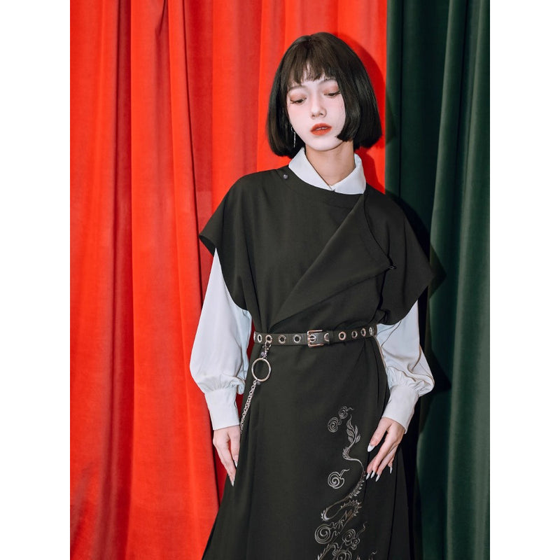 漆黒の龍の刺繍ロングジレワンピース