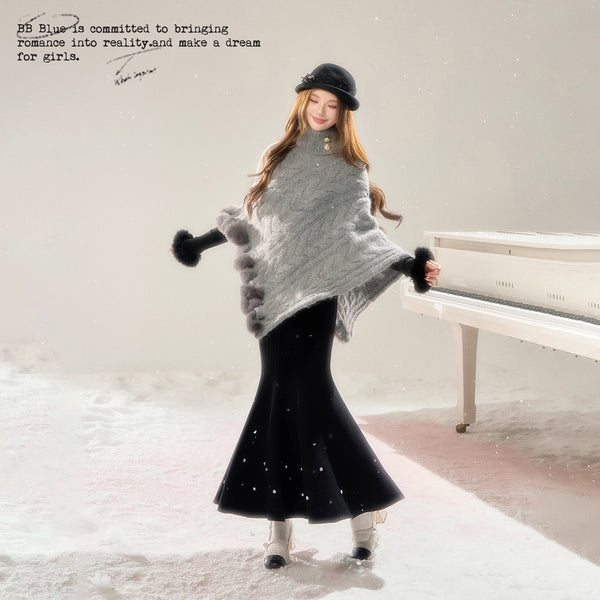 High-neck Knit Shawl Cape