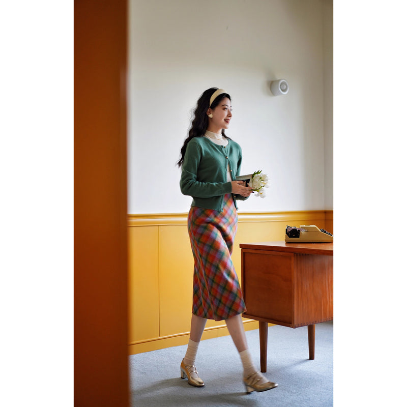 木漏れ日の格子柄ウールハーフスカート