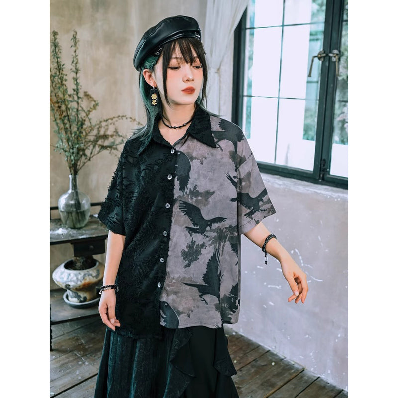 黒鴉の水墨画アシンメトリーシャツ