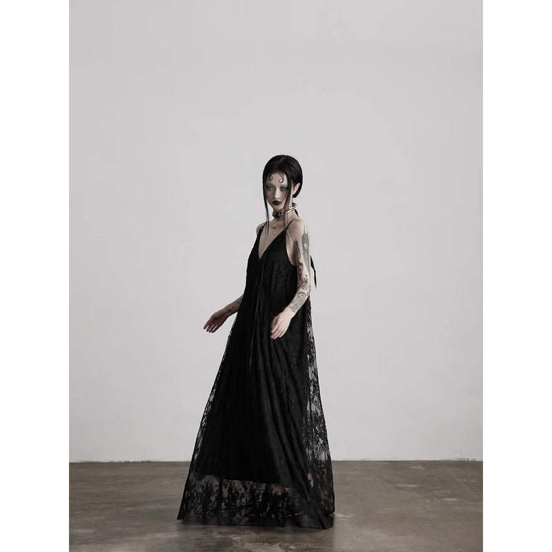 Dark Night Flower Embroidered Lace Camisole Dress