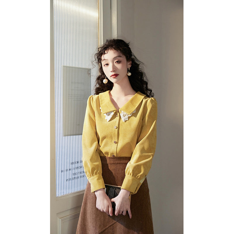 Yellow Floral Embroidered Corduroy Blouse