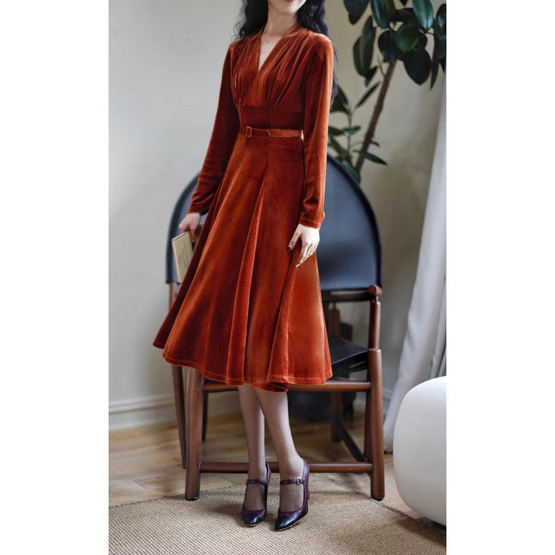 赤銅色の貴婦人ベルベットワンピース