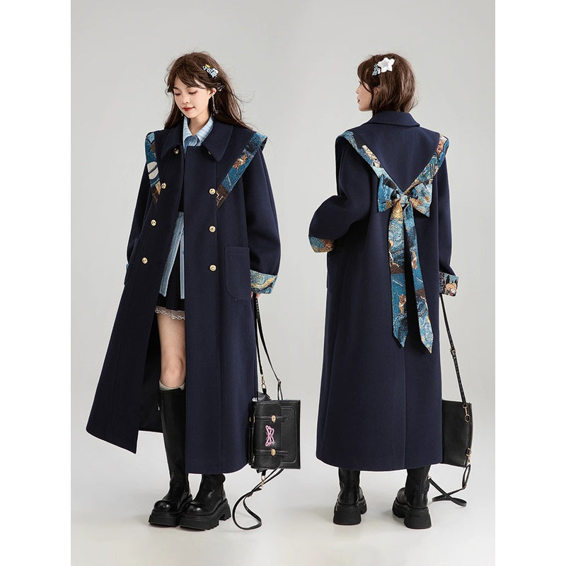 西洋油彩画のリボンダブルブレストロングコート