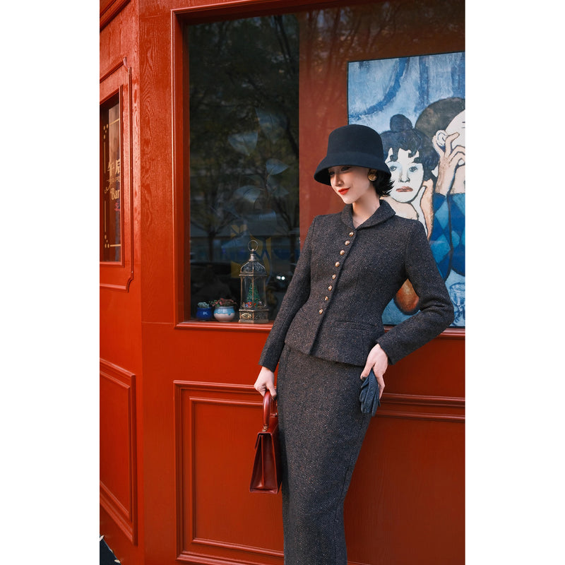 銀幕の貴婦人のツイードジャケットとペンシルスカート - Dark Black