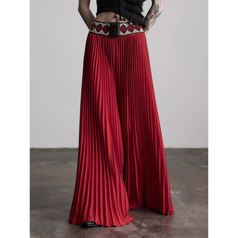 Ethnic Red Pleated Wide Pants
