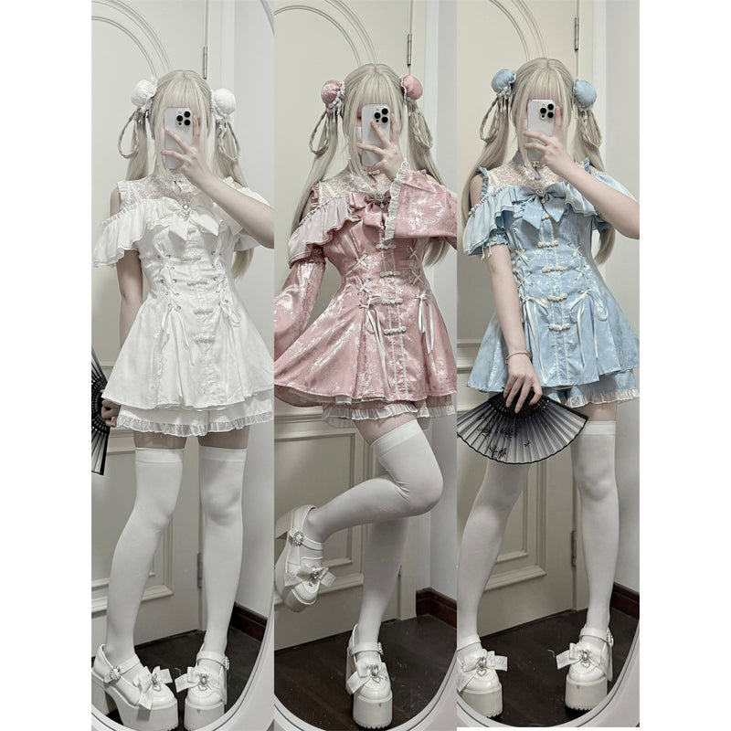 地雷ガールのチャイナワンピースとショートパンツ - White[2025年7月上旬-8月上旬発送予定]