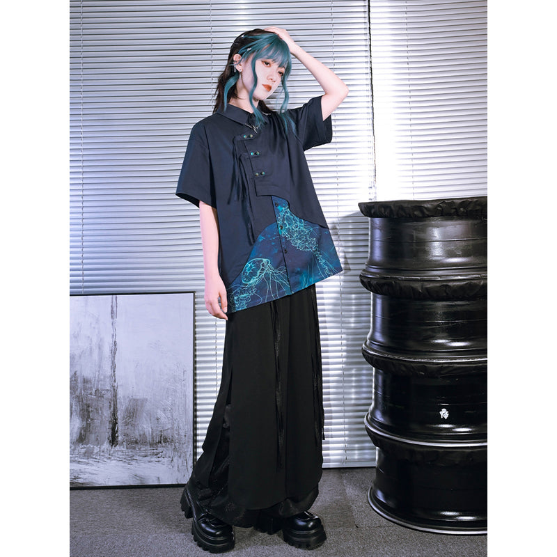 深藍の海月のアシンメトリーブラウス