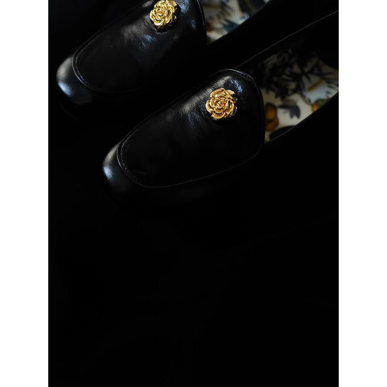 Camellia Leather Loafer Shoes - Black