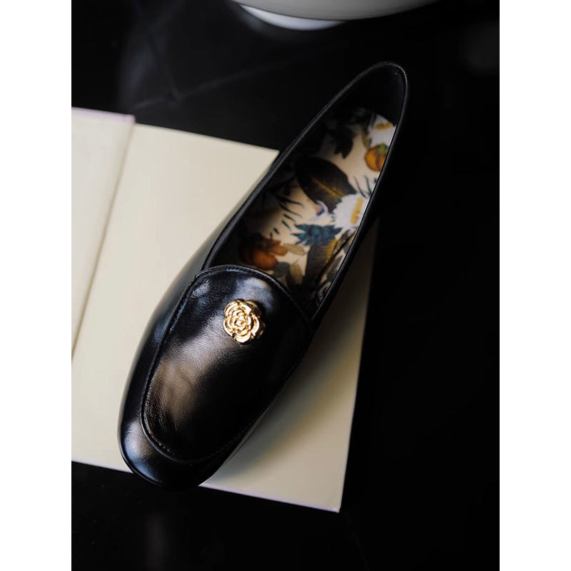 Camellia Leather Loafer Shoes - Black