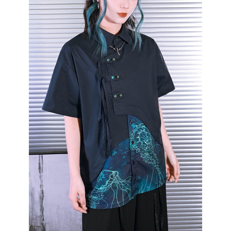 深藍の海月のアシンメトリーブラウス