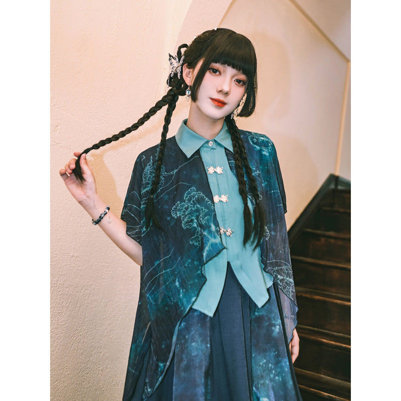 深藍の海月のシフォンブラウス