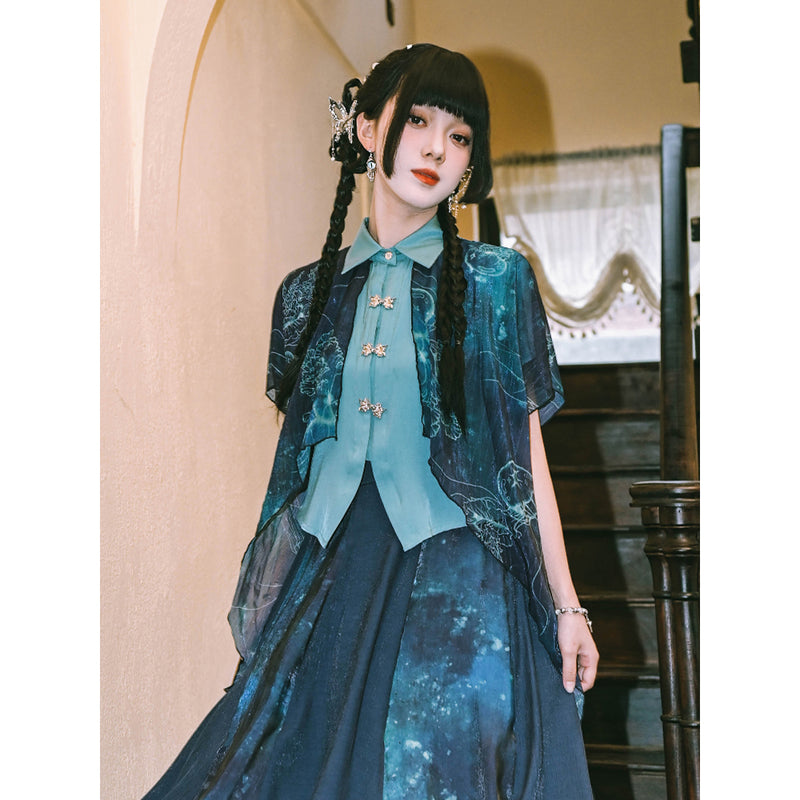 深藍の海月のシフォンブラウス
