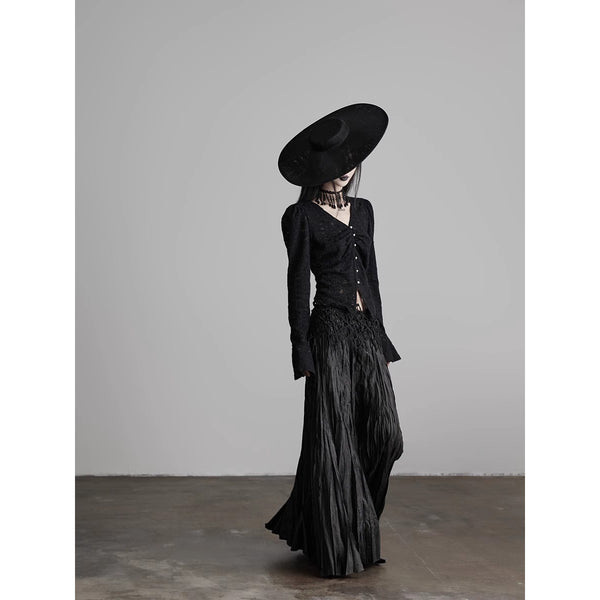 Black Embroidered Pleated Long Skirt