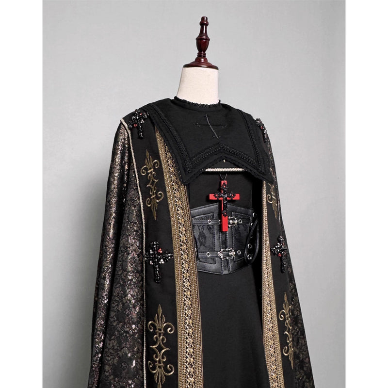 月夜の修道女の刺繍ロングマント - Black Gold[2025年12月上旬-2026年1月上旬発送予定]