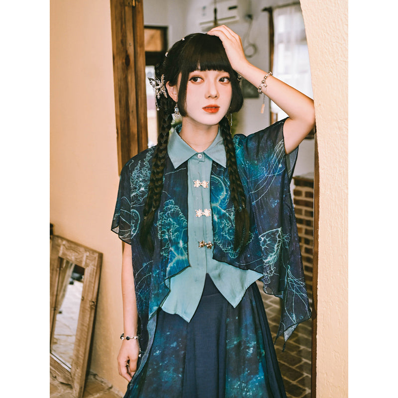 深藍の海月のシフォンブラウス