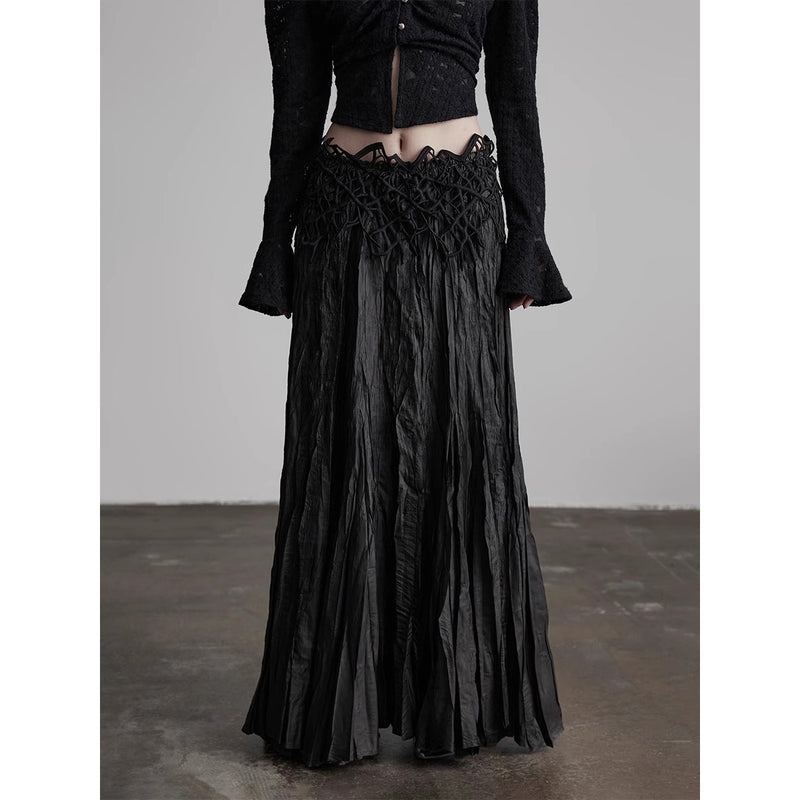 Black Embroidered Pleated Long Skirt