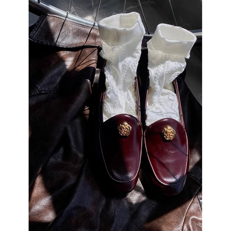 Camellia Leather Loafer Shoes - Burgundy