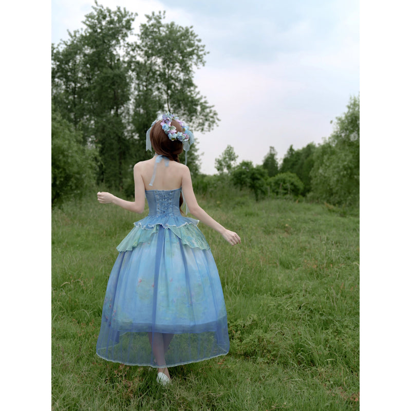 睡蓮の池の油彩画ビスチェとスカート - Ver1