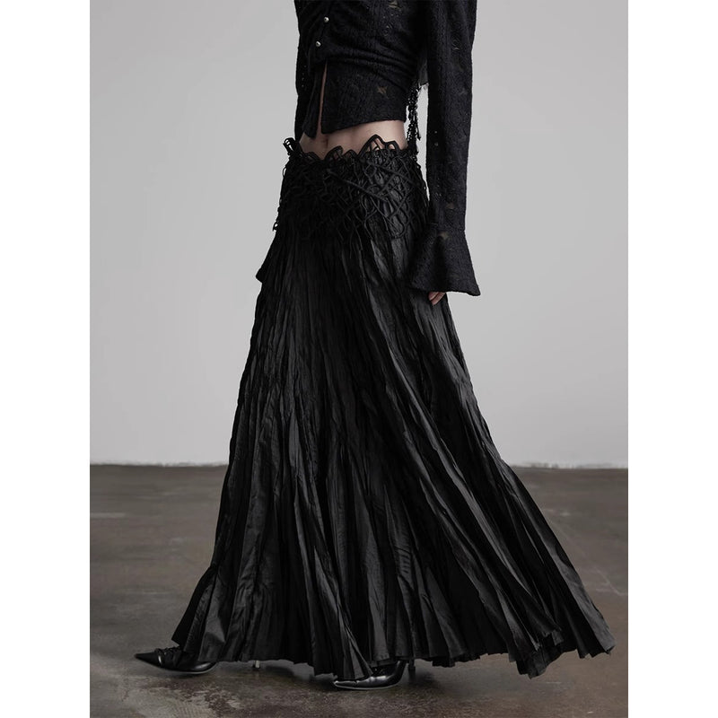 Black Embroidered Pleated Long Skirt