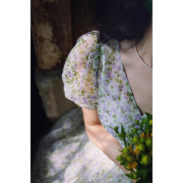 藍紫の花群集フレンチレトロワンピース