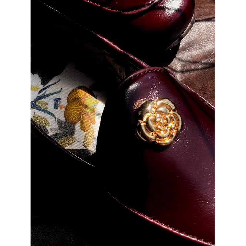 Camellia Leather Loafer Shoes - Burgundy