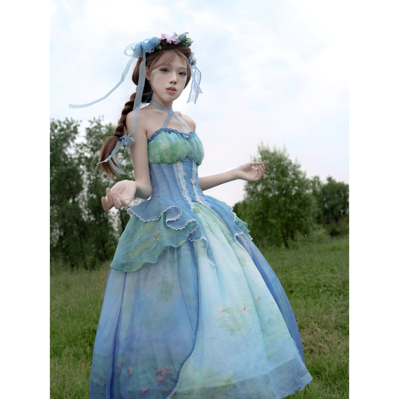 睡蓮の池の油彩画ビスチェとスカート - Ver1