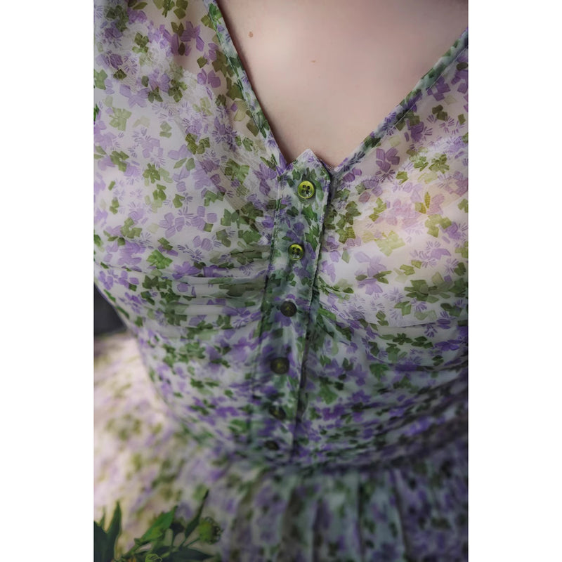 藍紫の花群集フレンチレトロワンピース