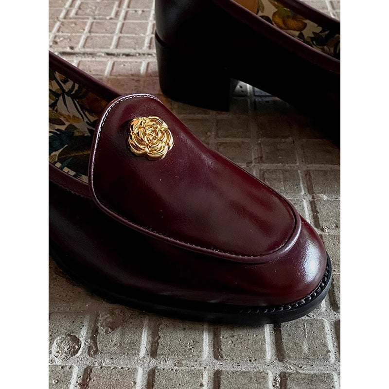 Camellia Leather Loafer Shoes - Burgundy