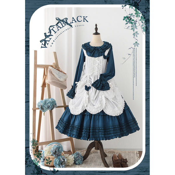 孔雀青のお嬢様のフリルトップスとティアードスカートとホワイトエプロン