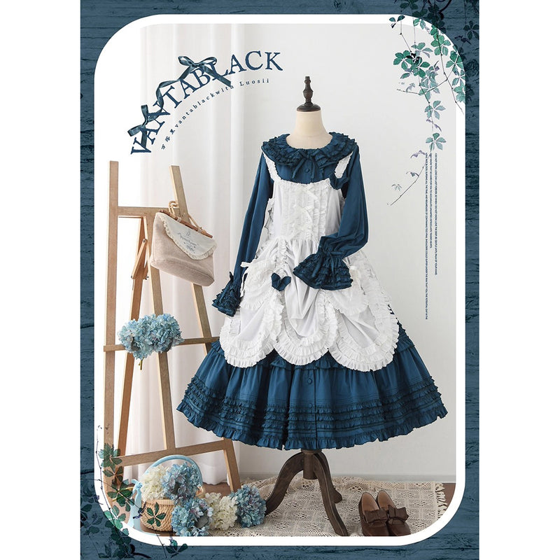 孔雀青のお嬢様のフリルトップスとティアードスカートとホワイトエプロン