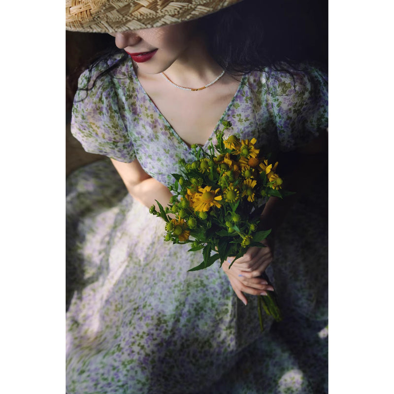 藍紫の花群集フレンチレトロワンピース