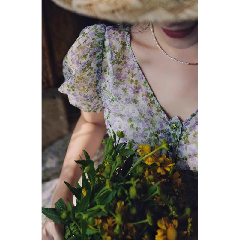 藍紫の花群集フレンチレトロワンピース