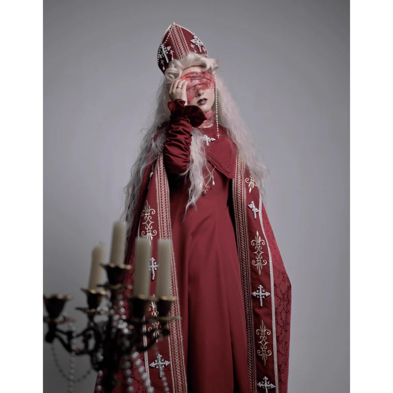 月夜の修道女の刺繍ロングマント - Wine Red × Gold[2025年12月上旬-2026年1月上旬発送予定]