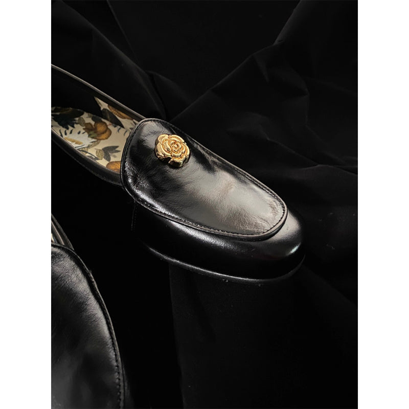 Camellia Leather Loafer Shoes - Black