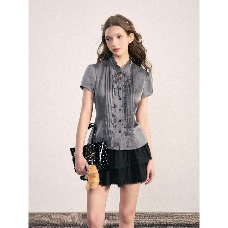 Gray Frill Pleated Blouse