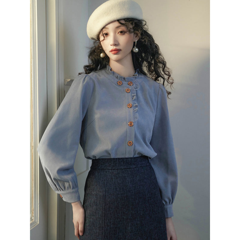 Gray Blue Ruffled Retro Blouse