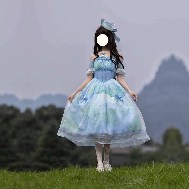 睡蓮の池の油彩画ジャンパースカート