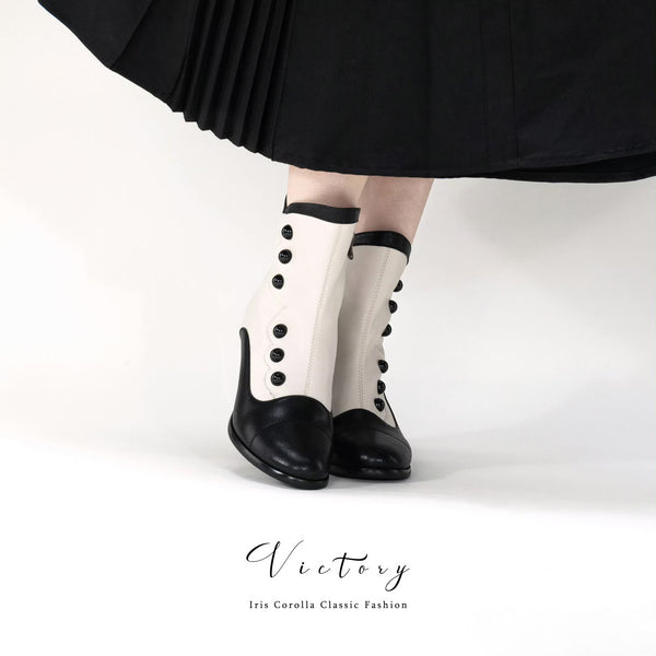 Victorian Round Toe Buttoned Short Boots - Black Ivory[2025年11月上旬-11月下旬発送予定]