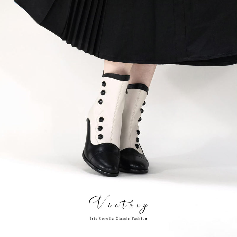 Victorian Round Toe Buttoned Short Boots - Black Ivory[2025年11月上旬-11月下旬発送予定]
