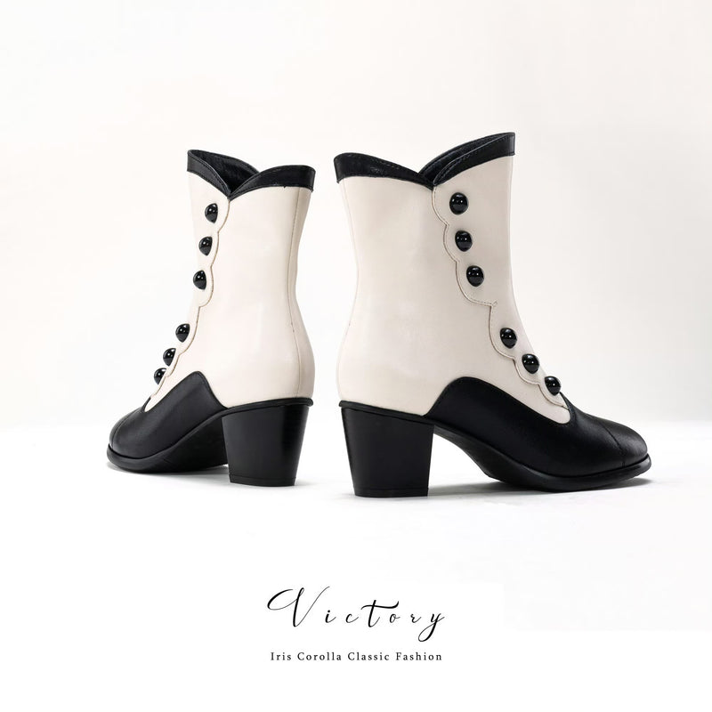 Victorian Round Toe Buttoned Short Boots - Black Ivory[2025年11月上旬-11月下旬発送予定]