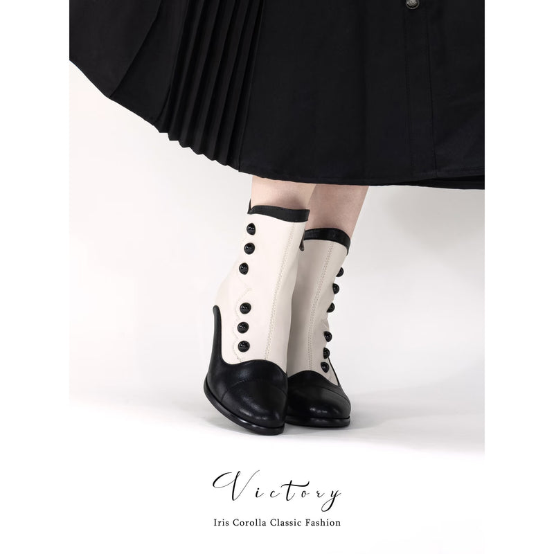Victorian Round Toe Buttoned Short Boots - Black Ivory[2025年11月上旬-11月下旬発送予定]