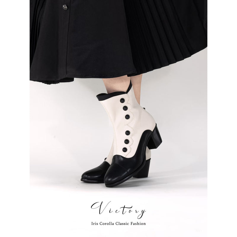 Victorian Round Toe Buttoned Short Boots - Black Ivory[2025年11月上旬-11月下旬発送予定]