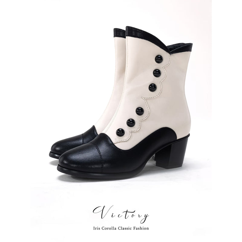 Victorian Round Toe Buttoned Short Boots - Black Ivory[2025年11月上旬-11月下旬発送予定]