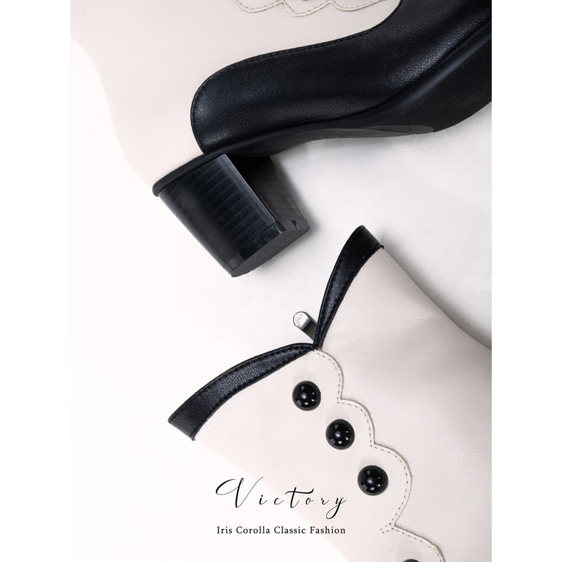 Victorian Round Toe Buttoned Short Boots - Black Ivory[2025年11月上旬-11月下旬発送予定]