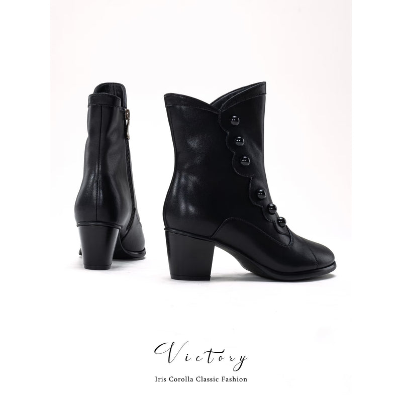 Victorian Round Toe Buttoned Short Boots - Black[2025年11月上旬-11月下旬発送予定]