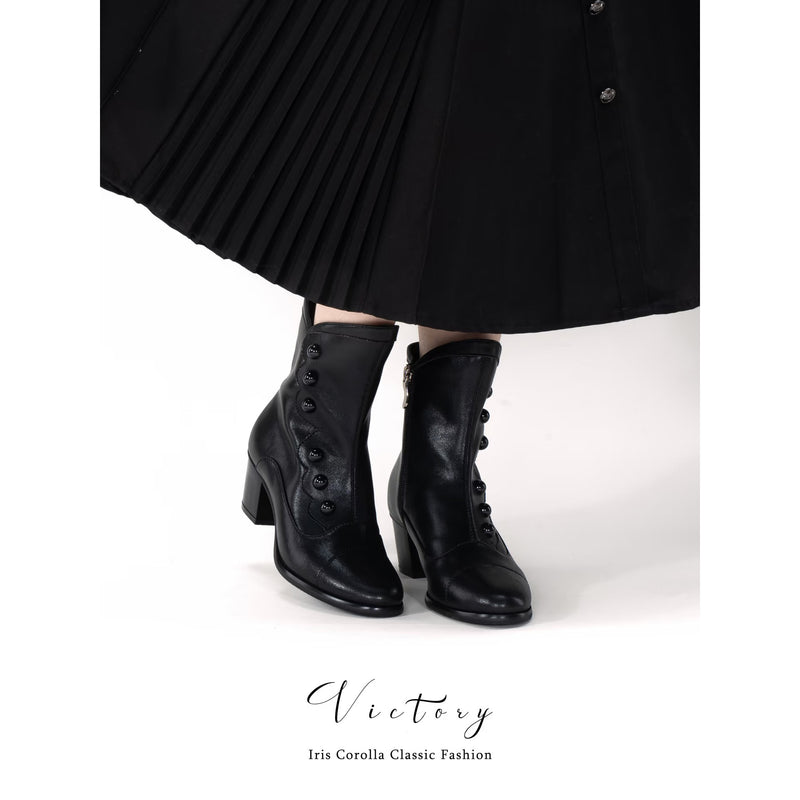 Victorian Round Toe Buttoned Short Boots - Black[2025年11月上旬-11月下旬発送予定]