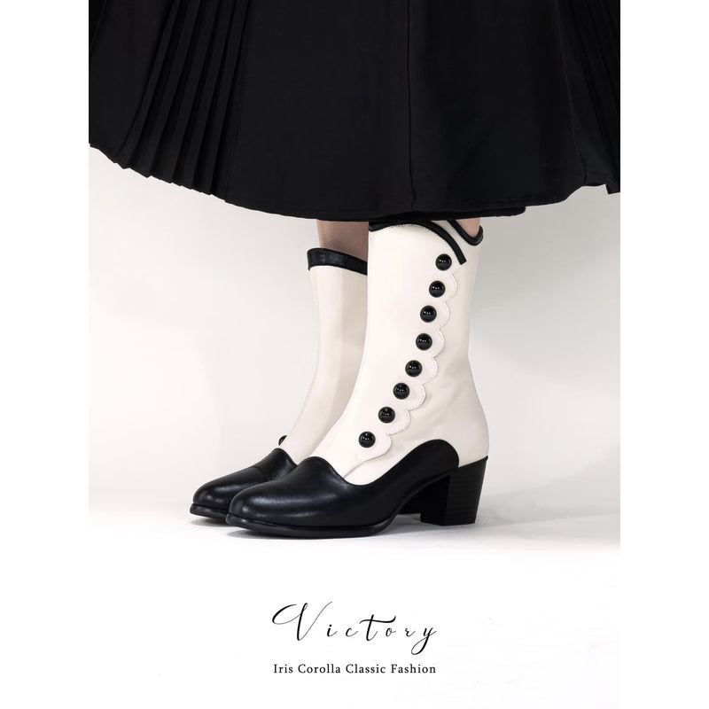 Victorian Round Toe Buttoned Short Boots - Black Ivory[2025年11月上旬-11月下旬発送予定]